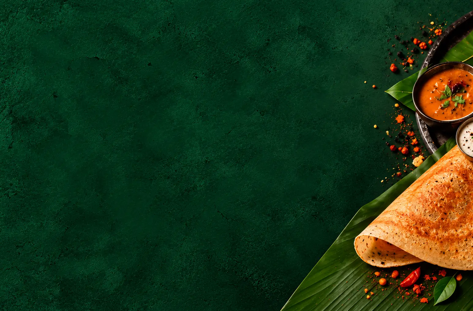 Golden dosa with sambar and chutney on a banana leaf