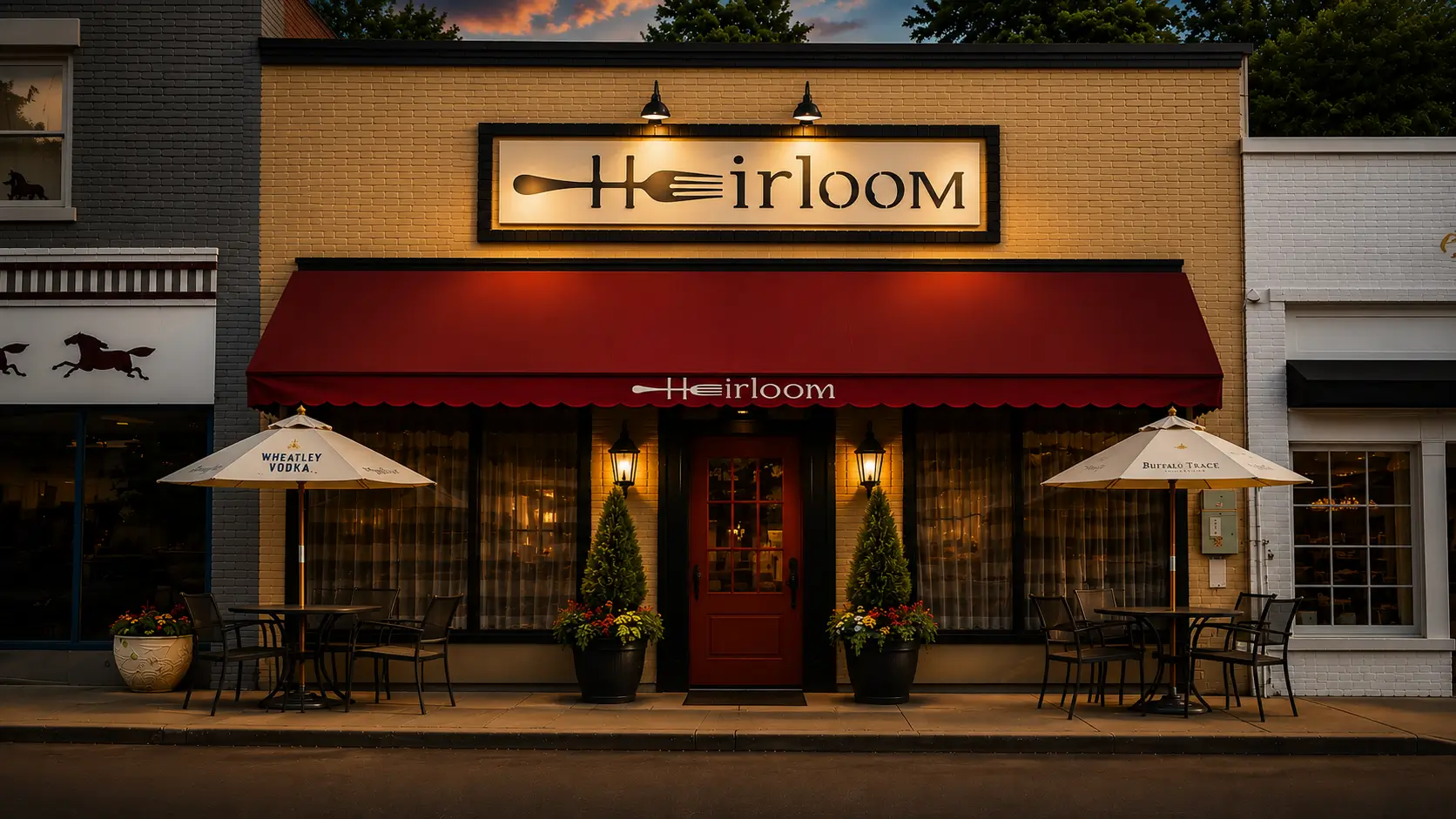 Heirloom restaurant storefront at night, Main Street Midway KY