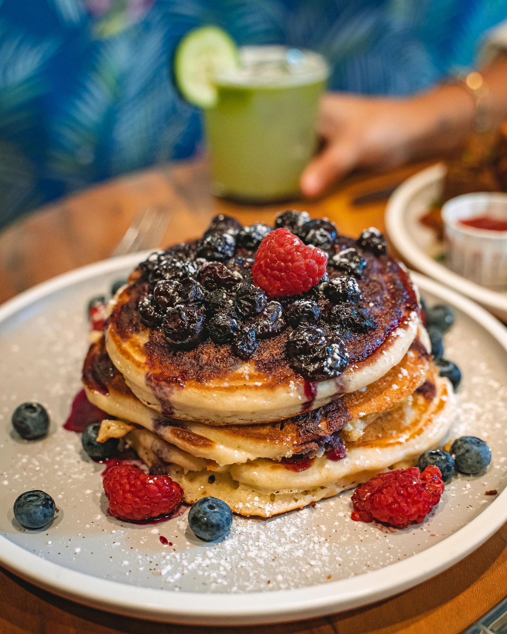 Fluffy pancake tower with mixed berries
