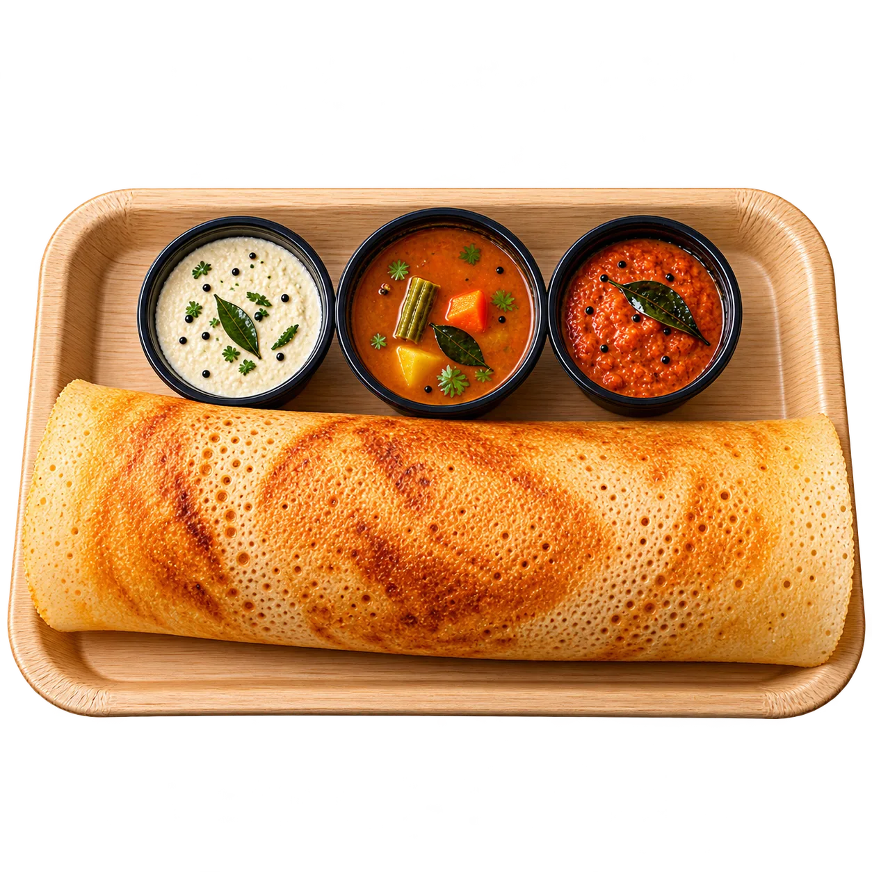 A crisp golden dosa on a tray with coconut chutney, sambar and ginger chutney in black cups